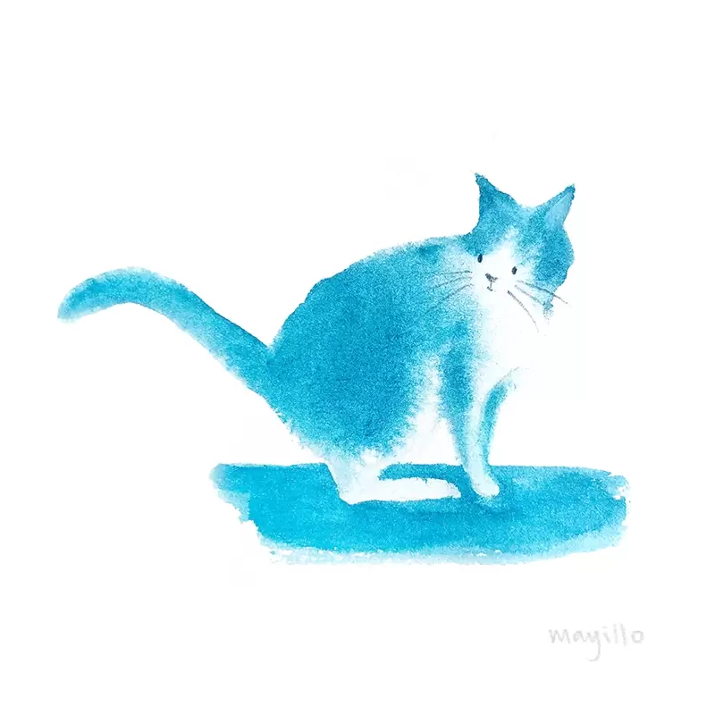 Turquoise watercolor sketch cat looking back